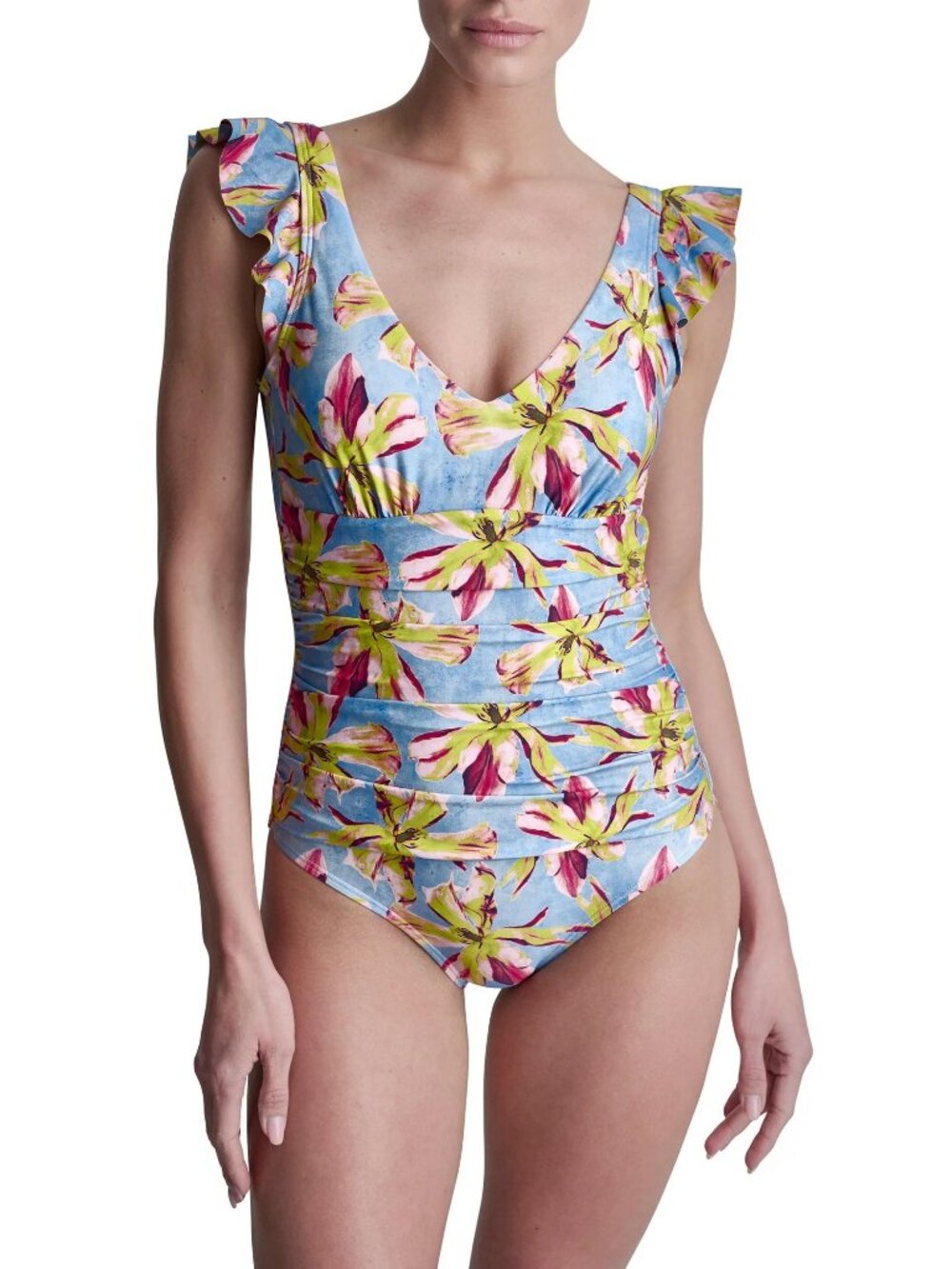 🆕DKNY Ruffle Sleeve Plunge One Piece Swimsuit Calypso Floral Medium - Picture 1 of 13